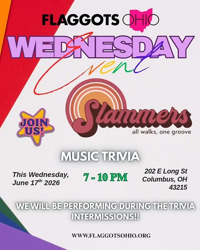 Catch us THIS EVENING @slammersbar 
Get ready for trivia, good food and a performance (or two)
#flaggotsohio #pridetrivia