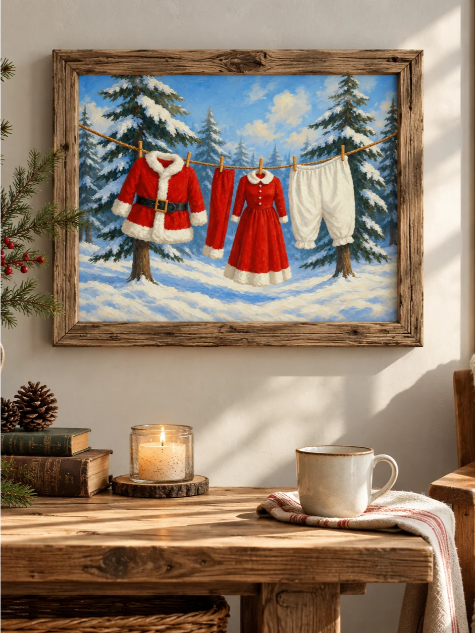 Santa Clothesline Christmas Laundry Room Art, Funny Holiday Print, Whimsical Winter Poster, Snow Covered Forest Scene, Printable Wall Decor product image (2)