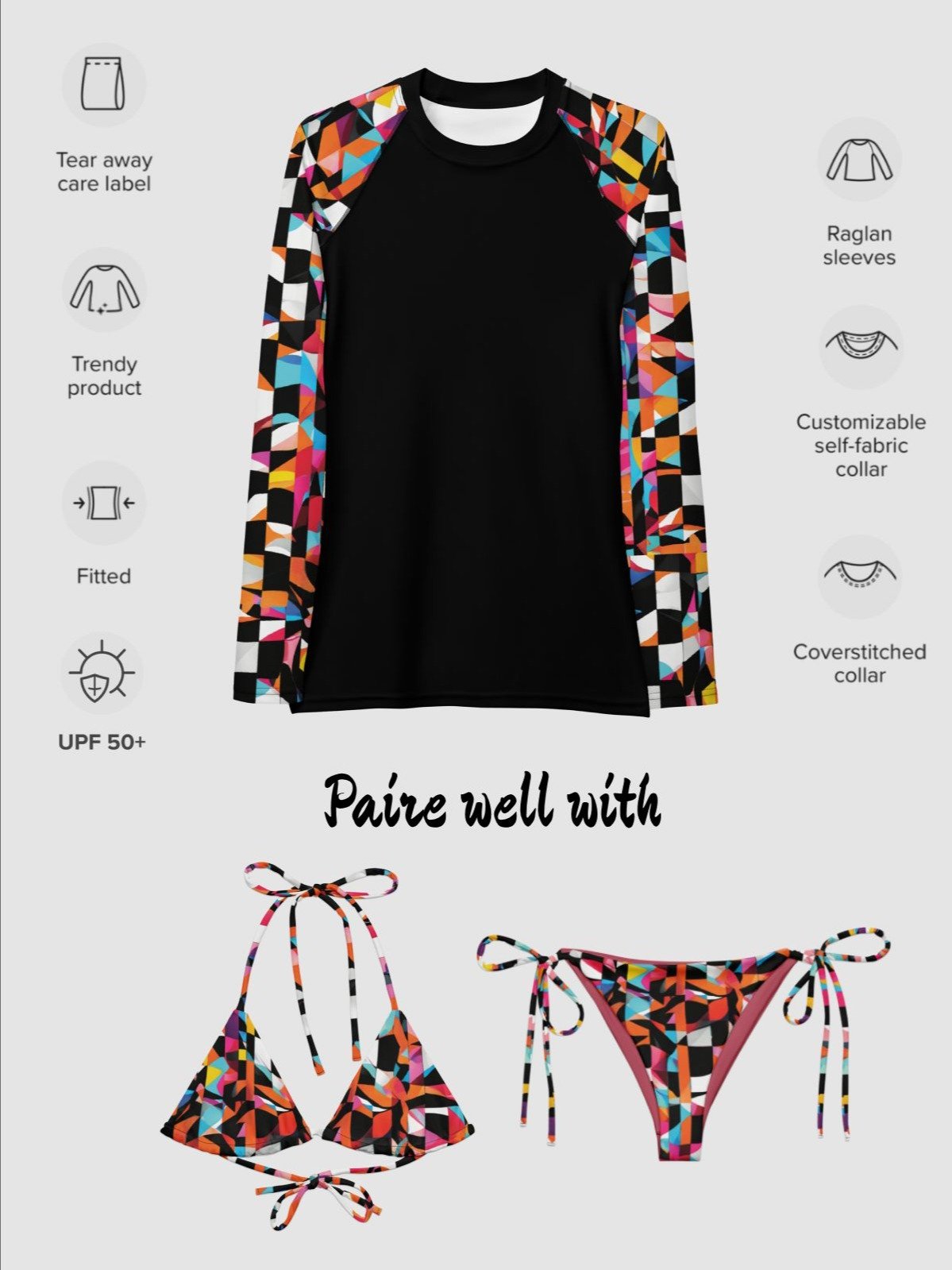 Recycled Rash Guard "Colorful Modern Abstract Checkered Art Printed" product image (6)