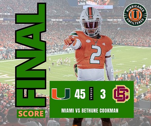 Miami wins 45-3. Unimpressive performance! Gotta get ready for USF which will be a tougher game than folks may have expected....