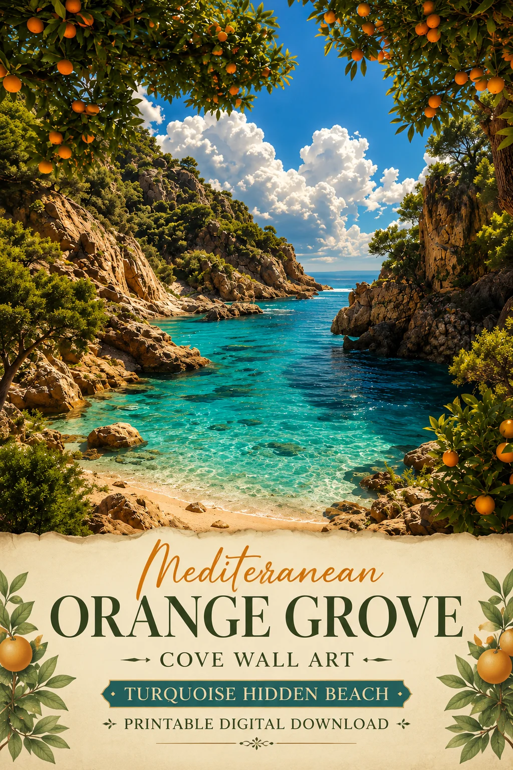 Mediterranean Orange Grove Cove Wall Art | Turquoise Hidden Beach Printable Digital Download product image (1)