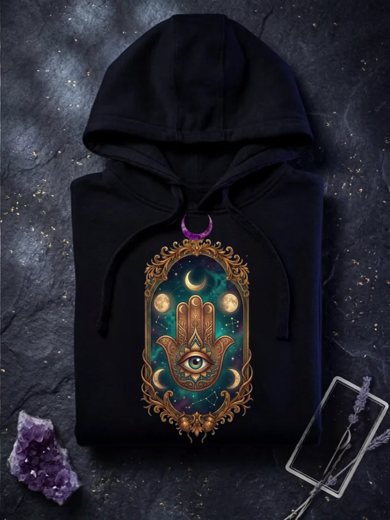 Celestial Hamsa Mirror – Mystical Moon Phases & All-Seeing Eye Portal product image (1)