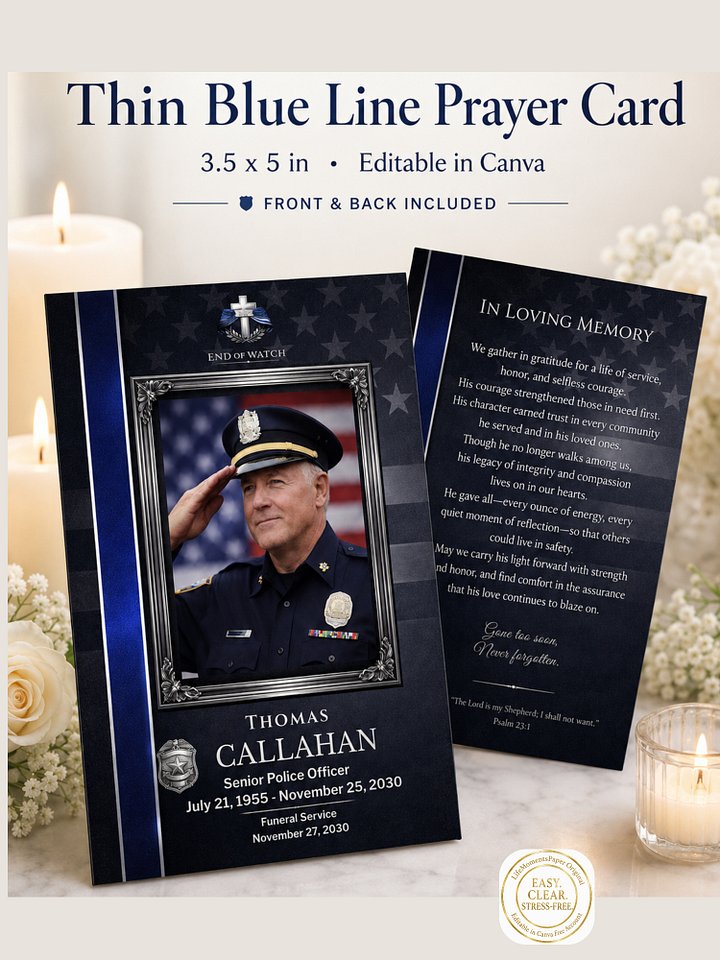 Thin Blue Line Police Funeral Prayer Card Template, Editable Canva Memorial Card for Law Enforcement Officers product image (1)