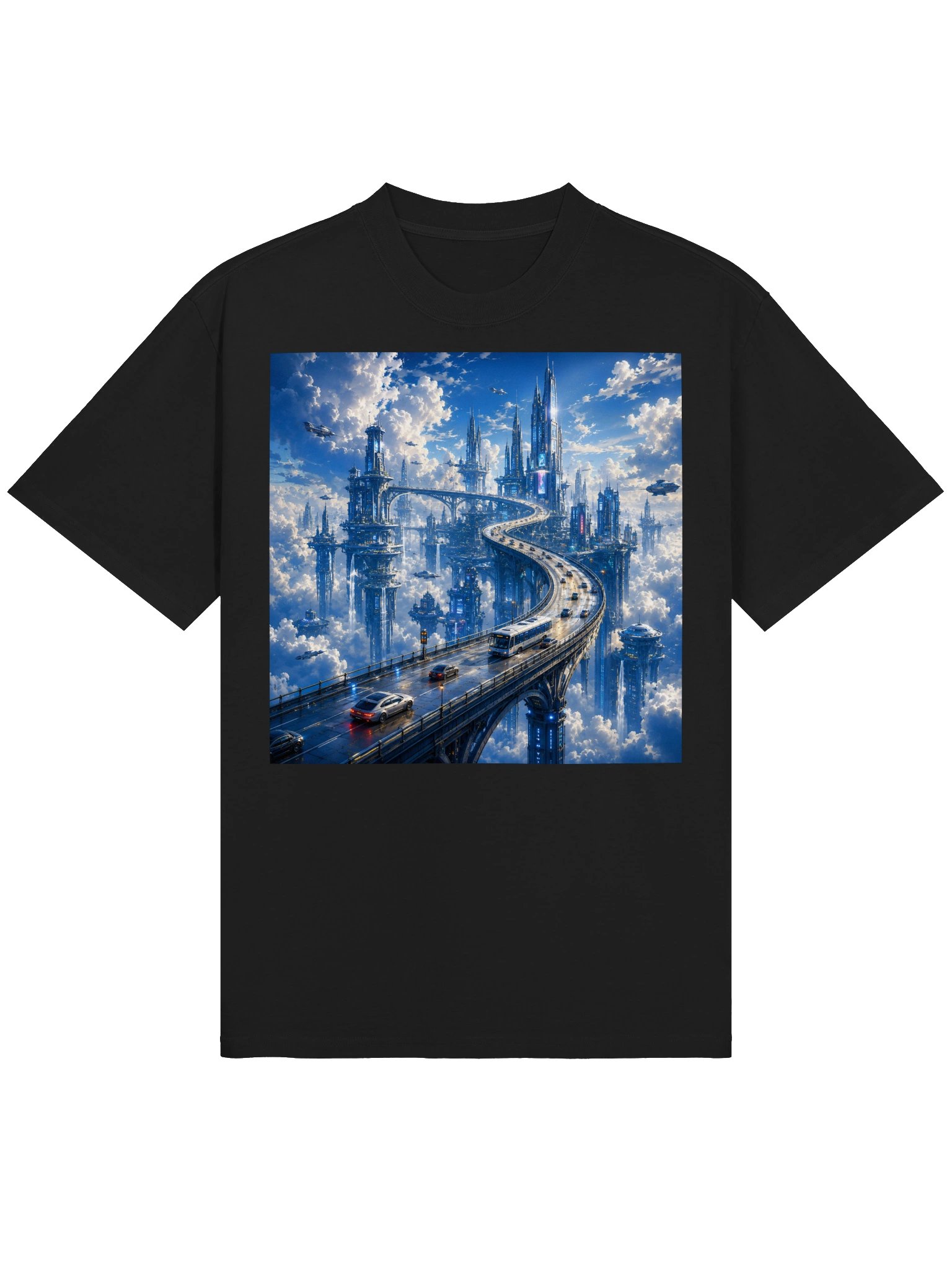 Futuristic Sky City Cyberpunk T-Shirt | Sci-Fi Urban Dreamscape product image (3)