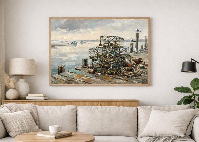 Rare Watercolor Coastal Wall Art Bundle of 3 – Stone Steps to Shoreline, Herons Wading in Marshland & Crab Traps on Wooden Dock, Fine Detail Nautical Print product image (3)