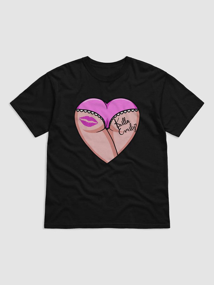 UNISEX KILLA_EMILY LIGHT PINK HEART BUTT LOGO BLACK TEE product image (1)