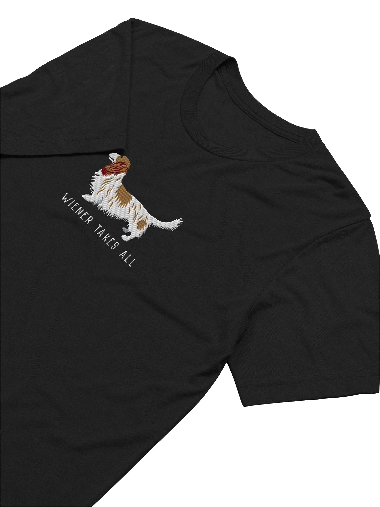 Wiener Takes All T-Shirt(Embroidered) of a Longhaired Dachshund(Pied Brown & White) product image (33)