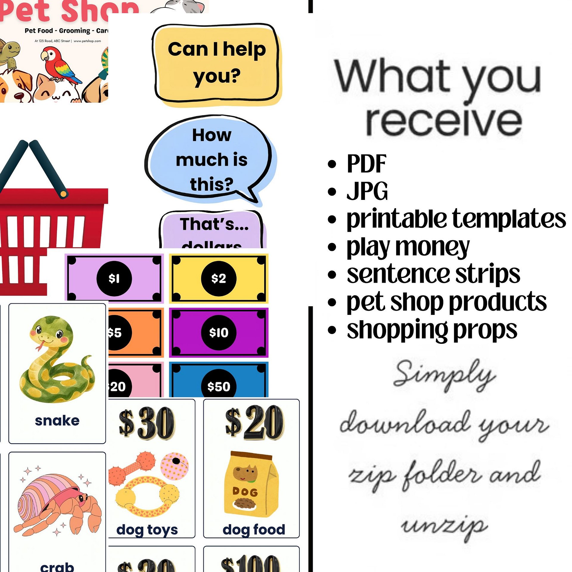 Role Play at the Pet Shop Printable Flash Cards Sentences Props Drama ESL Maths product image (2)