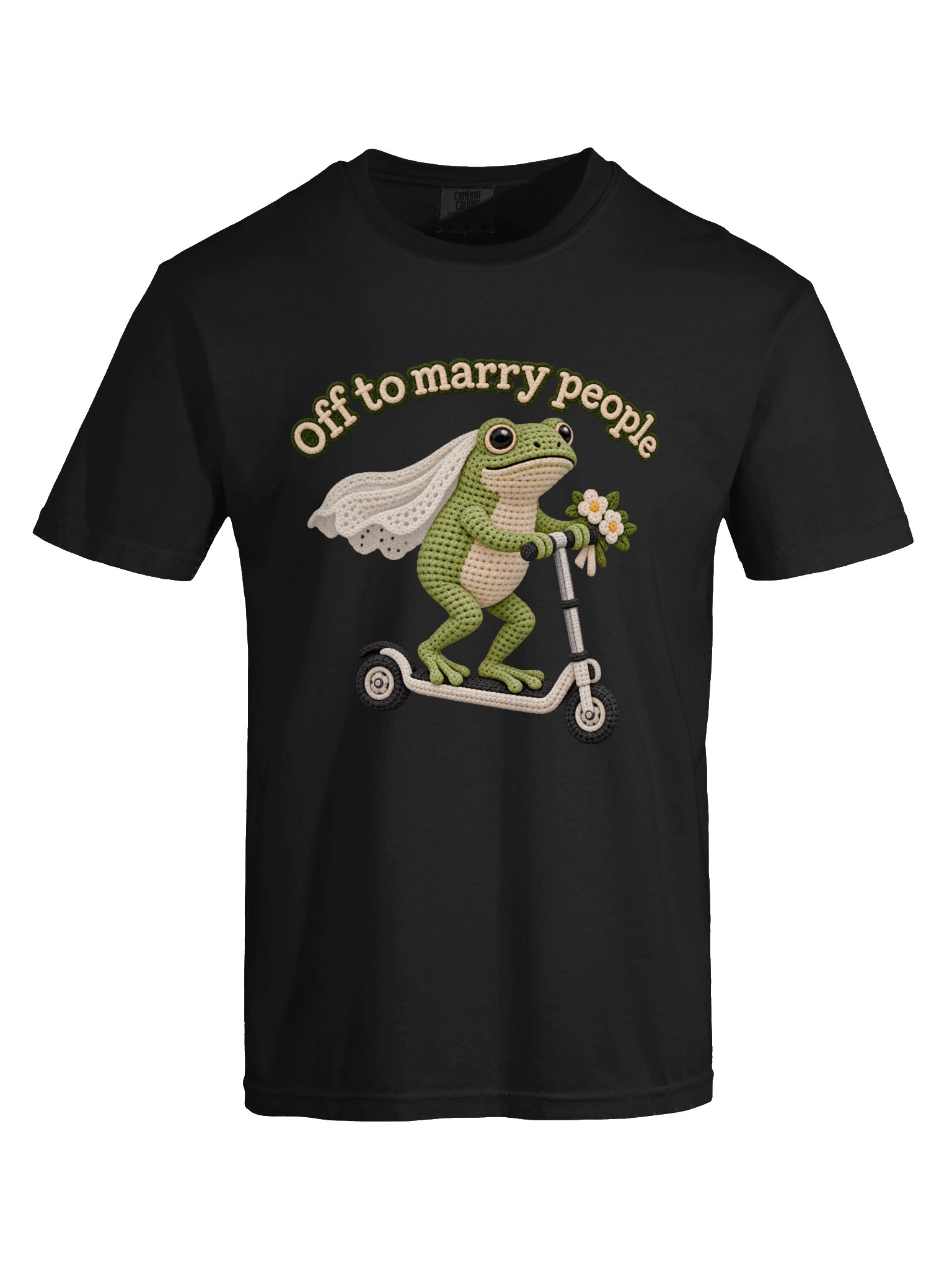 Off to Marry People – Funny Crochet Frog Wedding T-Shirt Design product image (29)