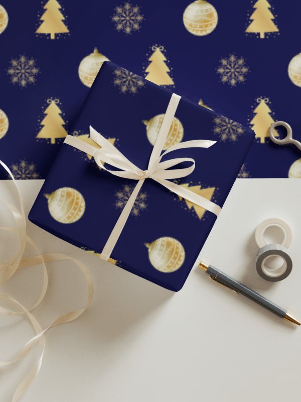 Elegant Holiday Wrapping Paper Set (3 Sheets) - Gold & Navy Christmas Icons product image (4)