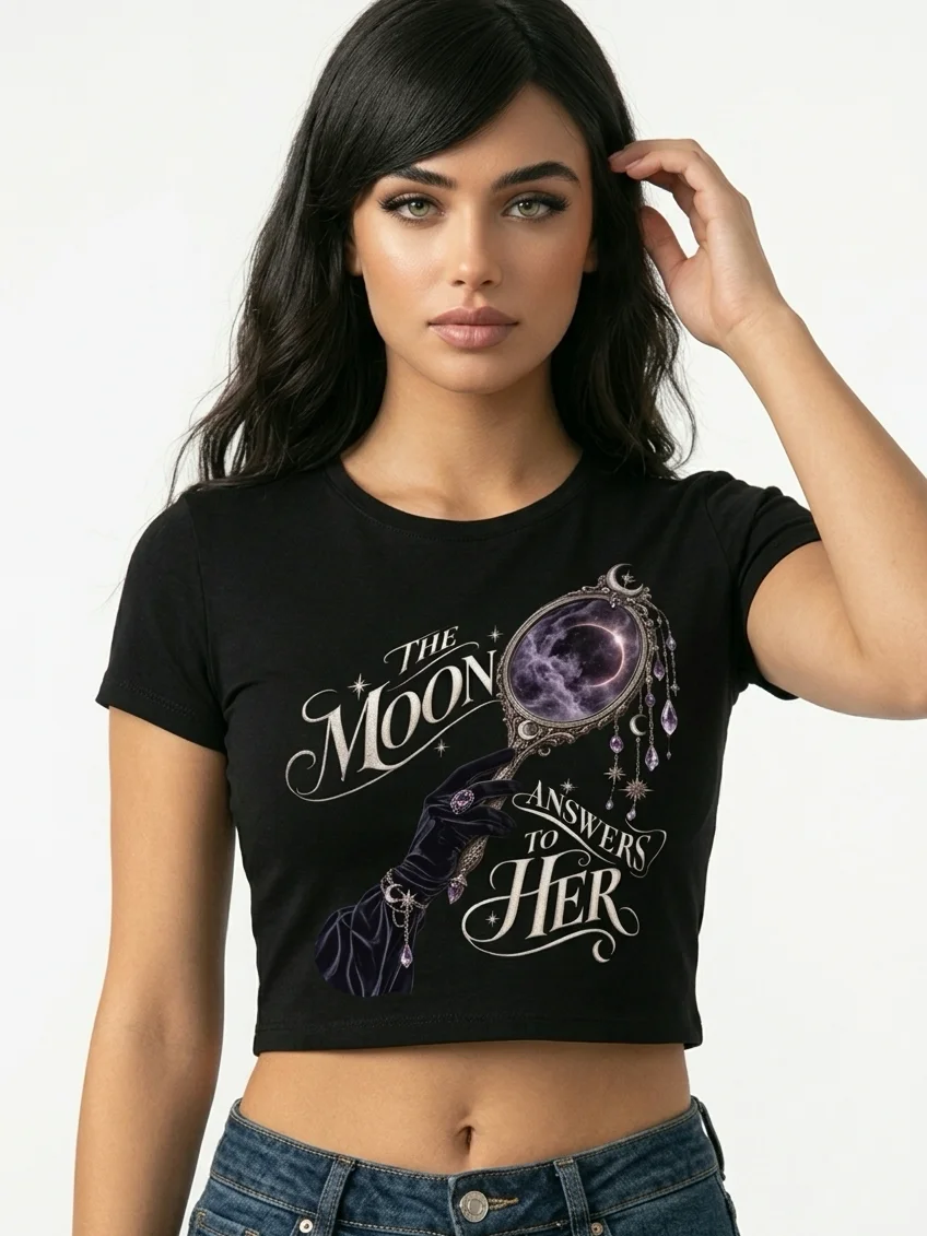 The Moon Answers to Her — Dark Feminine Celestial Cropped Baby Tee | Fethria product image (2)