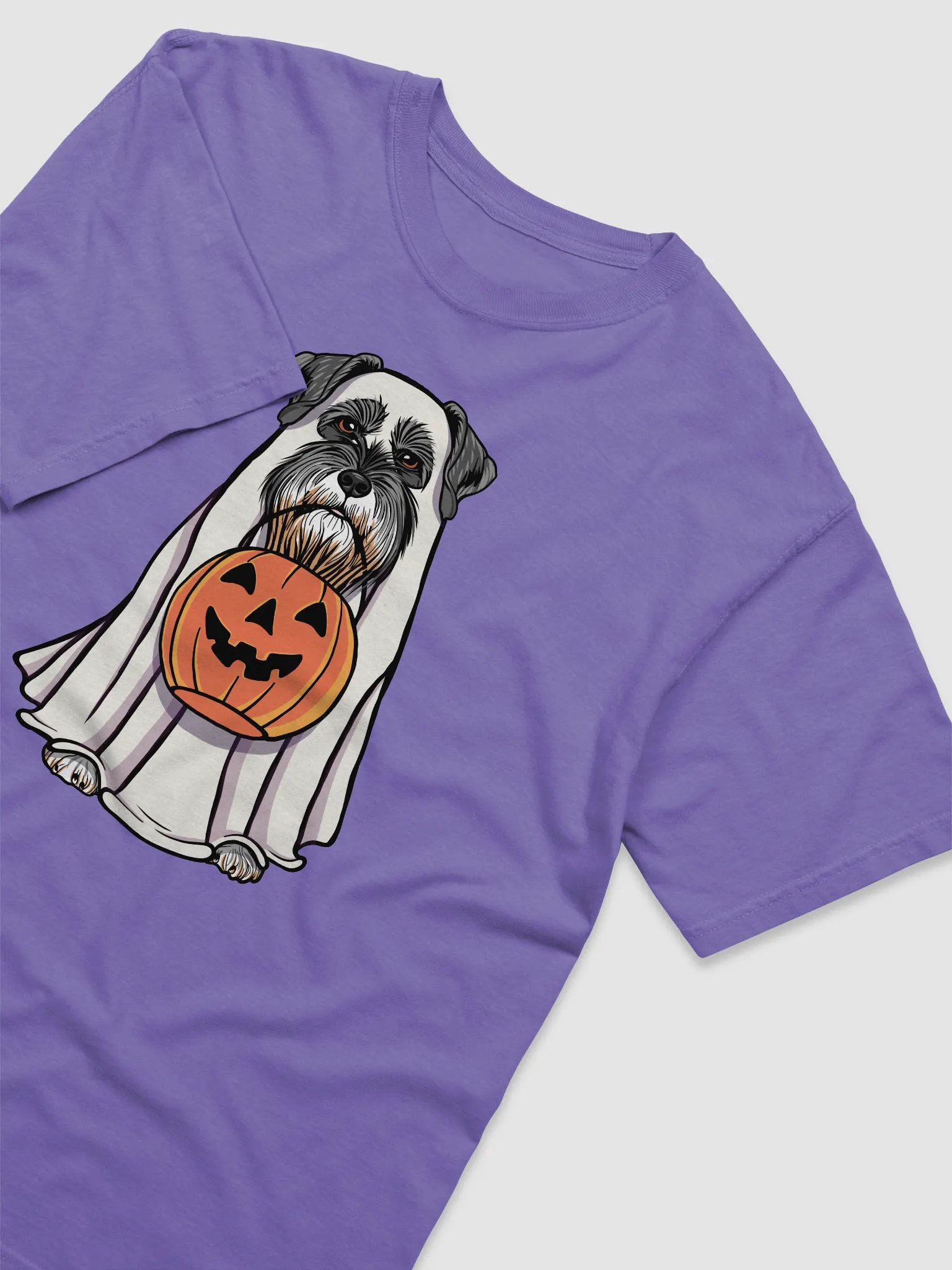 Funny Halloween Schnauzer T-Shirt | Funny Schnauzer Wearing a Ghost Costume and Holding a Pumpkin Basket product image (6)