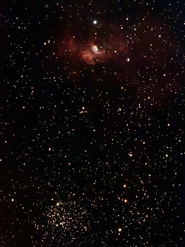 🔭 Seestar s50
🫧Bubble Nebula (NGC 7635) 
🧂M52 (Salt & Pepper Cluster)
🌃 Bortle 8 
🌙 Waxing Crescent (8% illumination)
⏱️ 59 M...
