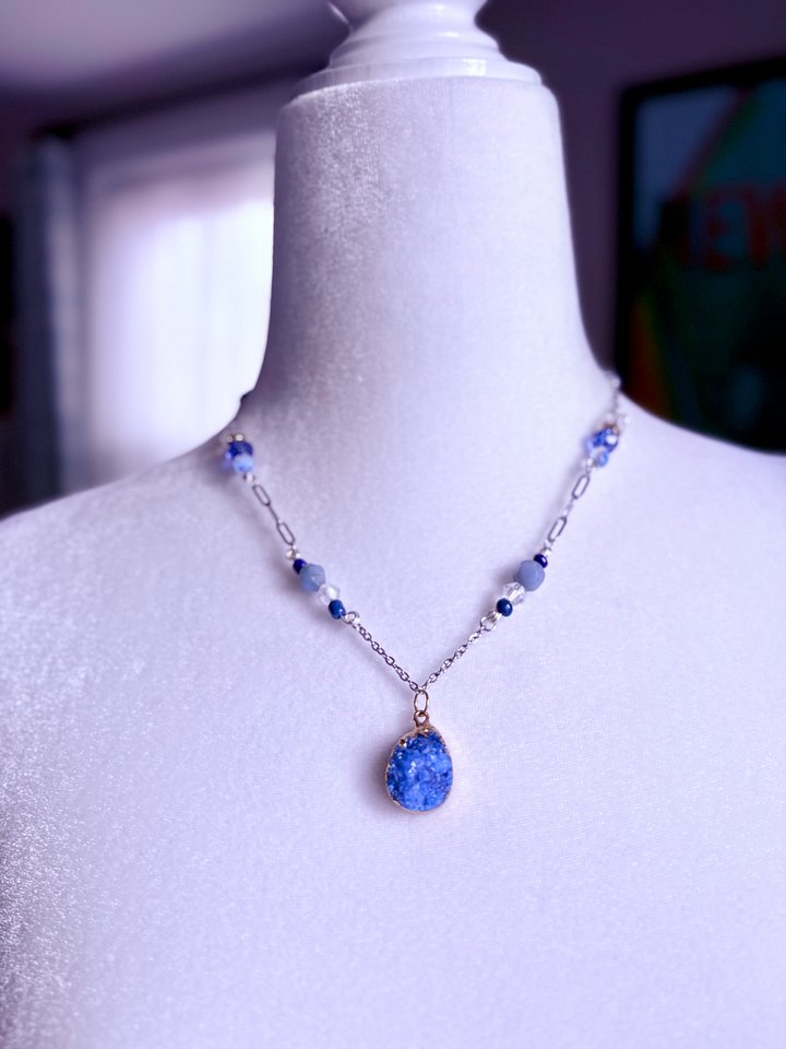 MFD-00188 | Seabreeze Blue Druzy Pendant Necklace | Handmade Glass Beaded Jewelry | Monique Faella Designs™ product image (2)