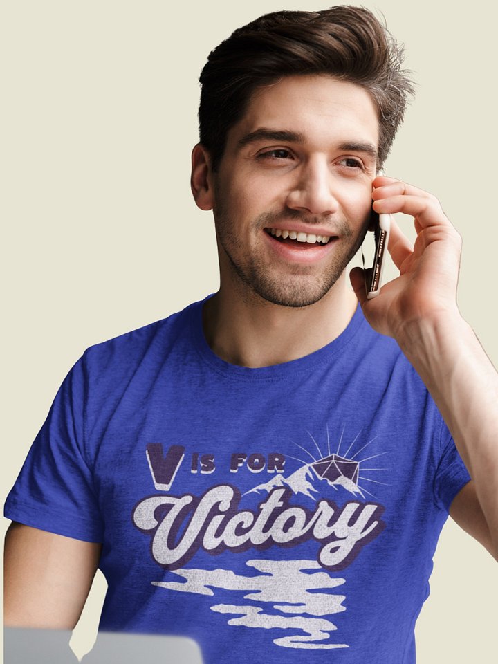 Retro D20 Sunrise Board Game Shirt, V is for Victory T-shirt, on Blue product image (1)