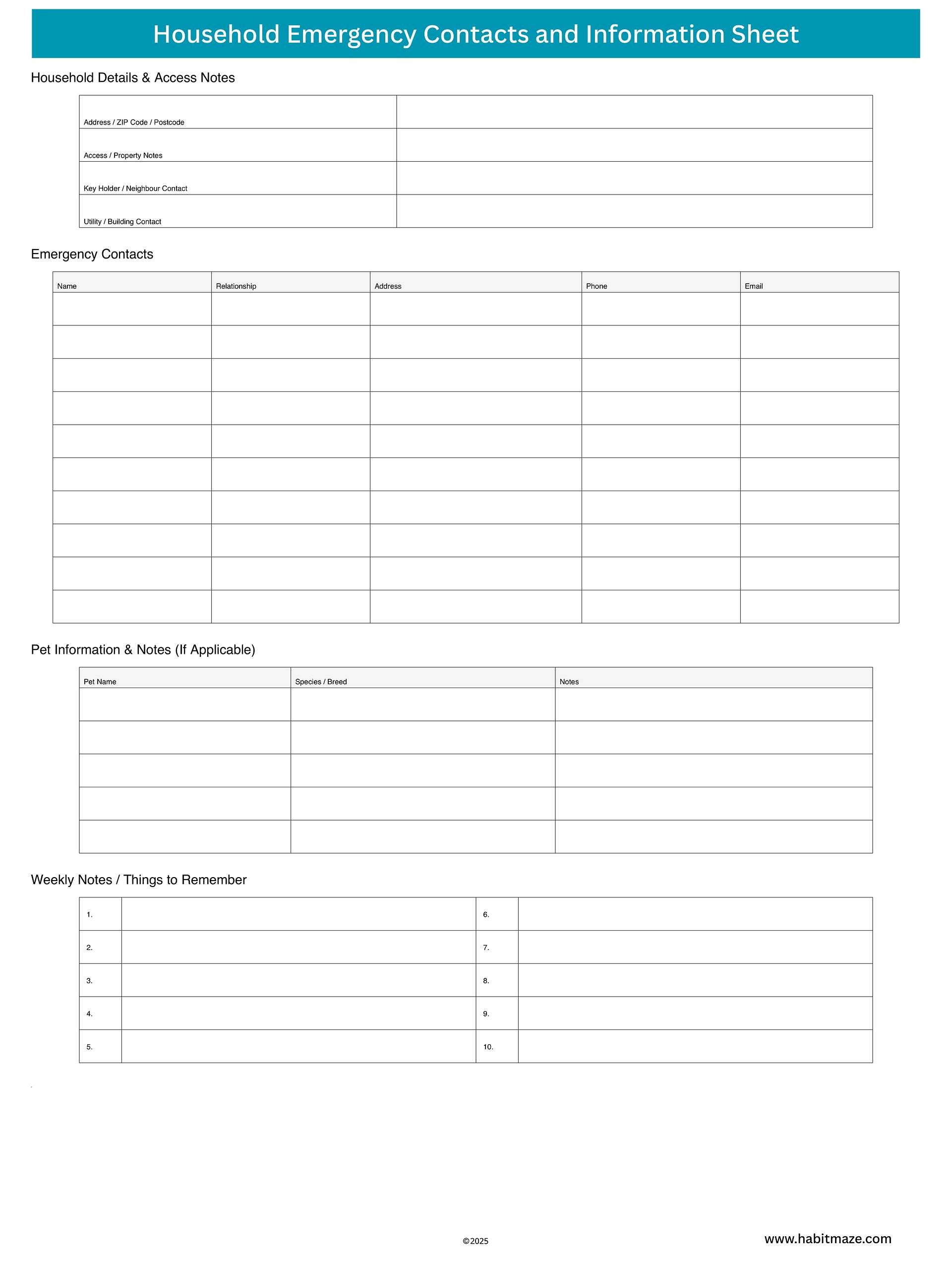 Household Emergency Contacts and Information Sheet product image (1)