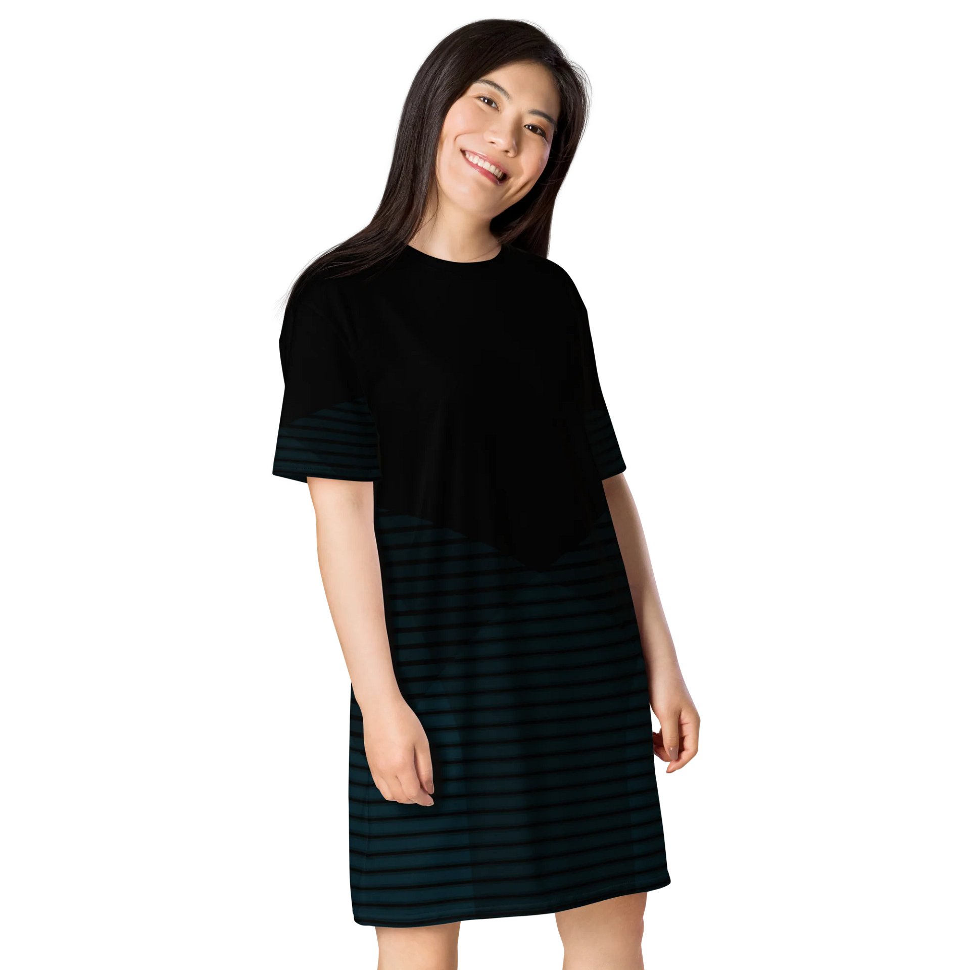 "Oversized Black T-Shirt Dress with Teal Striped Skirt - Sizes 2XS-6XL product image (4)