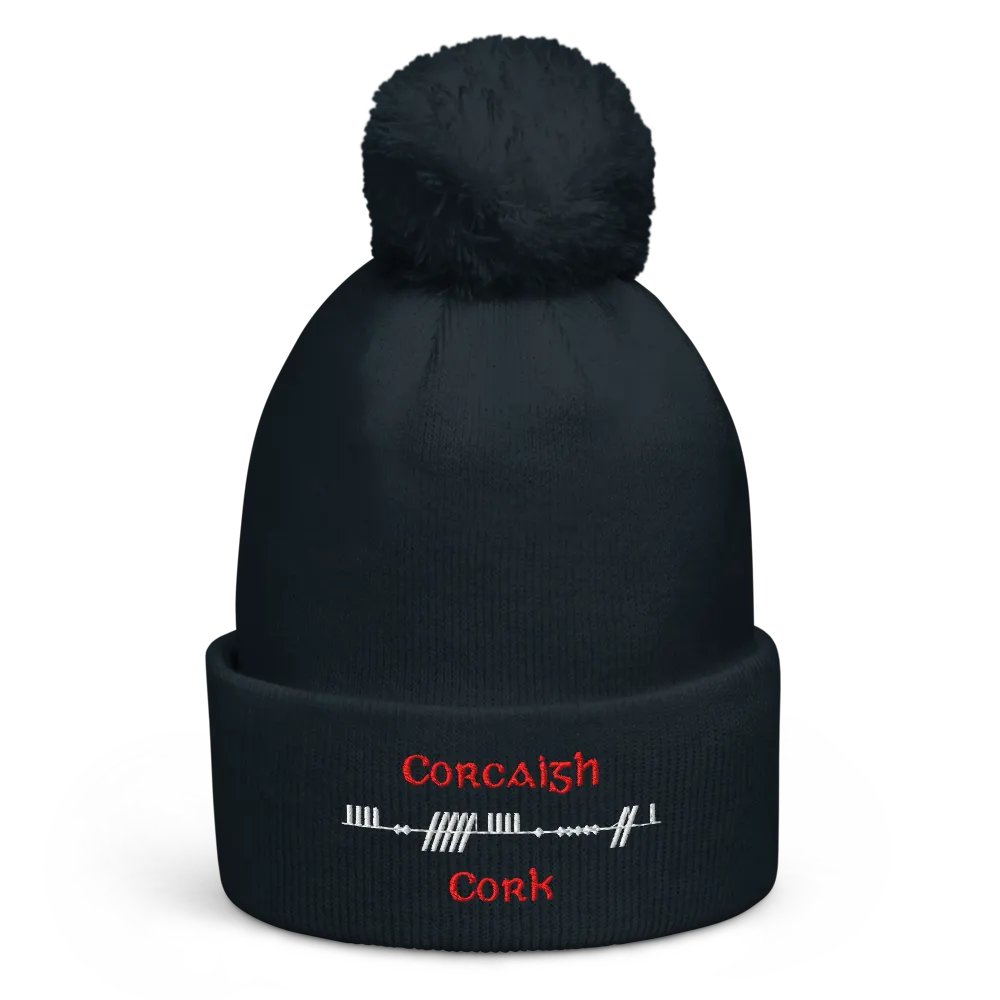 Cork/Corcaigh, Scholastic Style Ogham, red and white, embroidered Pom-Pom Beanie product image (1)