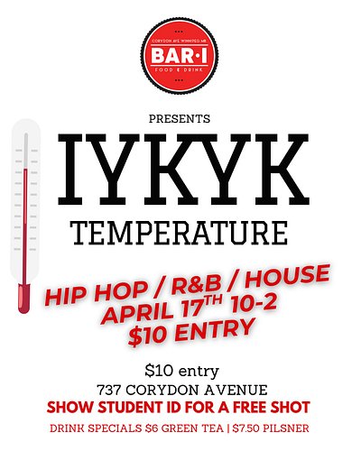 Winnipeg getting HOT April 17th 🌡️🔥

IYKYK presents TEMPERATURE @ Bar I

Hip Hop / R&B / House
$10 to get in… free shot if yo...