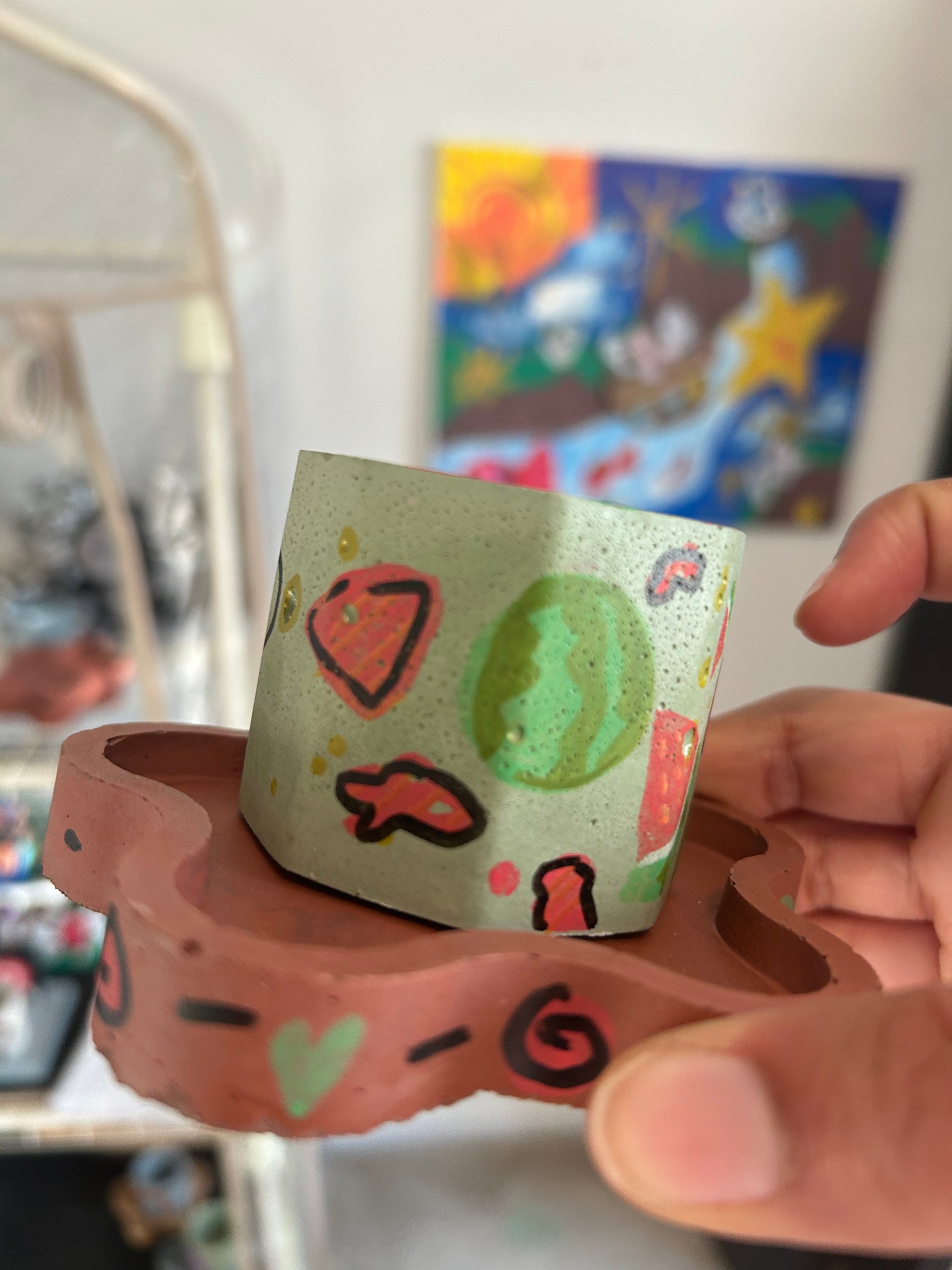 Watermelon splash 1-1 original painted cement plant pot and tray product image (2)