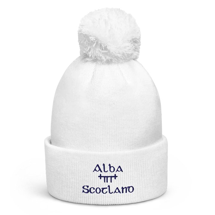 Scotland/Alba Orthodox style Ogham, white with navy, embroidered Pom-Pom Beanie product image (1)