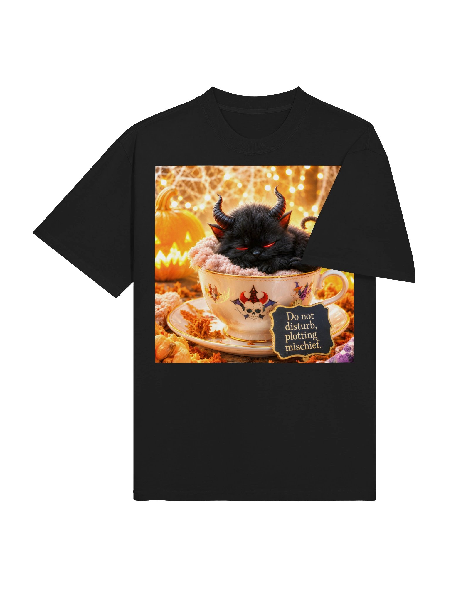 Black Faded Oversized Unisex T-Shirt | Funny Demon Cat Halloween Gift for Cat & Tea Lovers Tee product image (6)