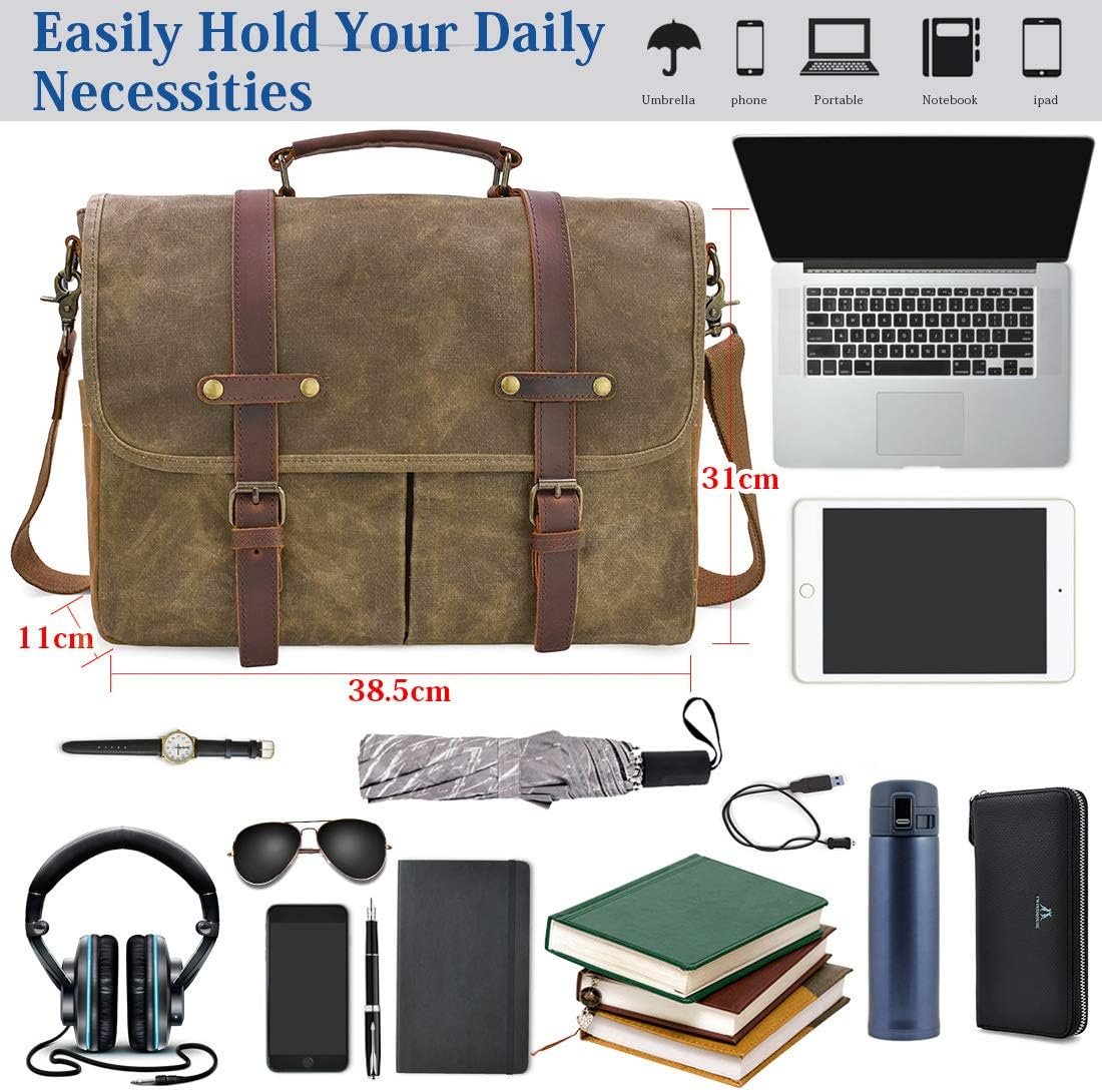 MEEBOY Mens Messenger Bag 15.6 Inch Waterproof Vintage Genuine Leather Waxed Canvas Briefcase Large Satchel Shoulder Bag Rugged Leather Computer Laptop Bag product image (2)
