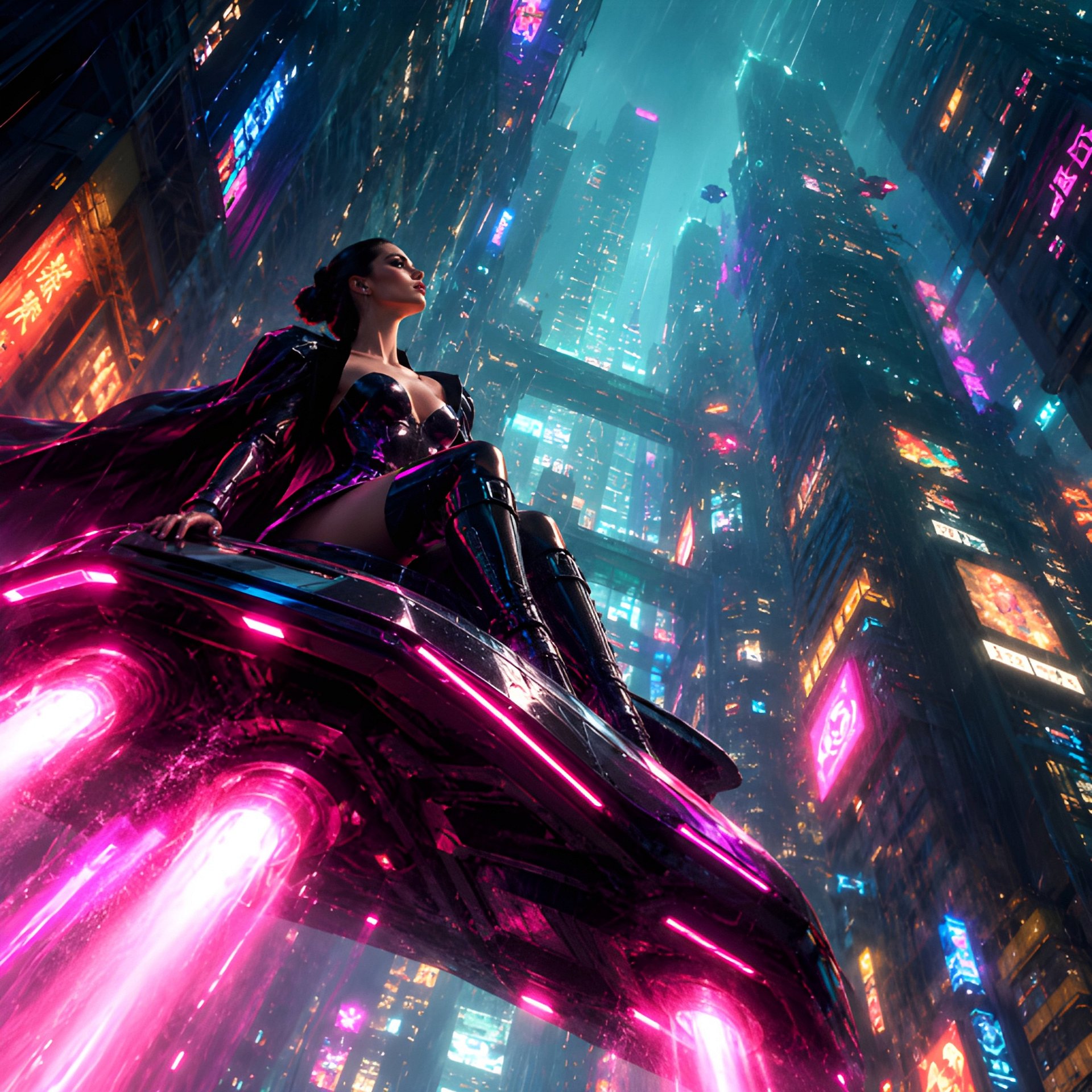 Neon Cyberpunk Hovercraft Poster 10x10 | Futuristic Female Gamer & Pink City Wall Art Decor product image (2)