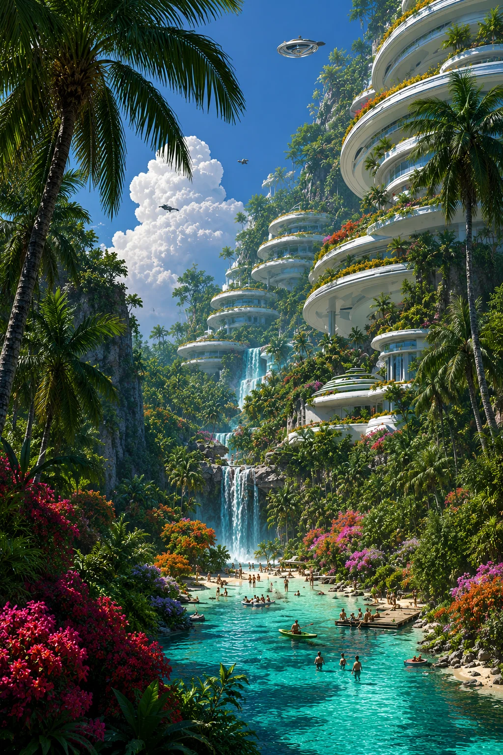 Futuristic Tropical Paradise Poster, Sci Fi Jungle Waterfall City, Fantasy Island Wall Art product image (1)
