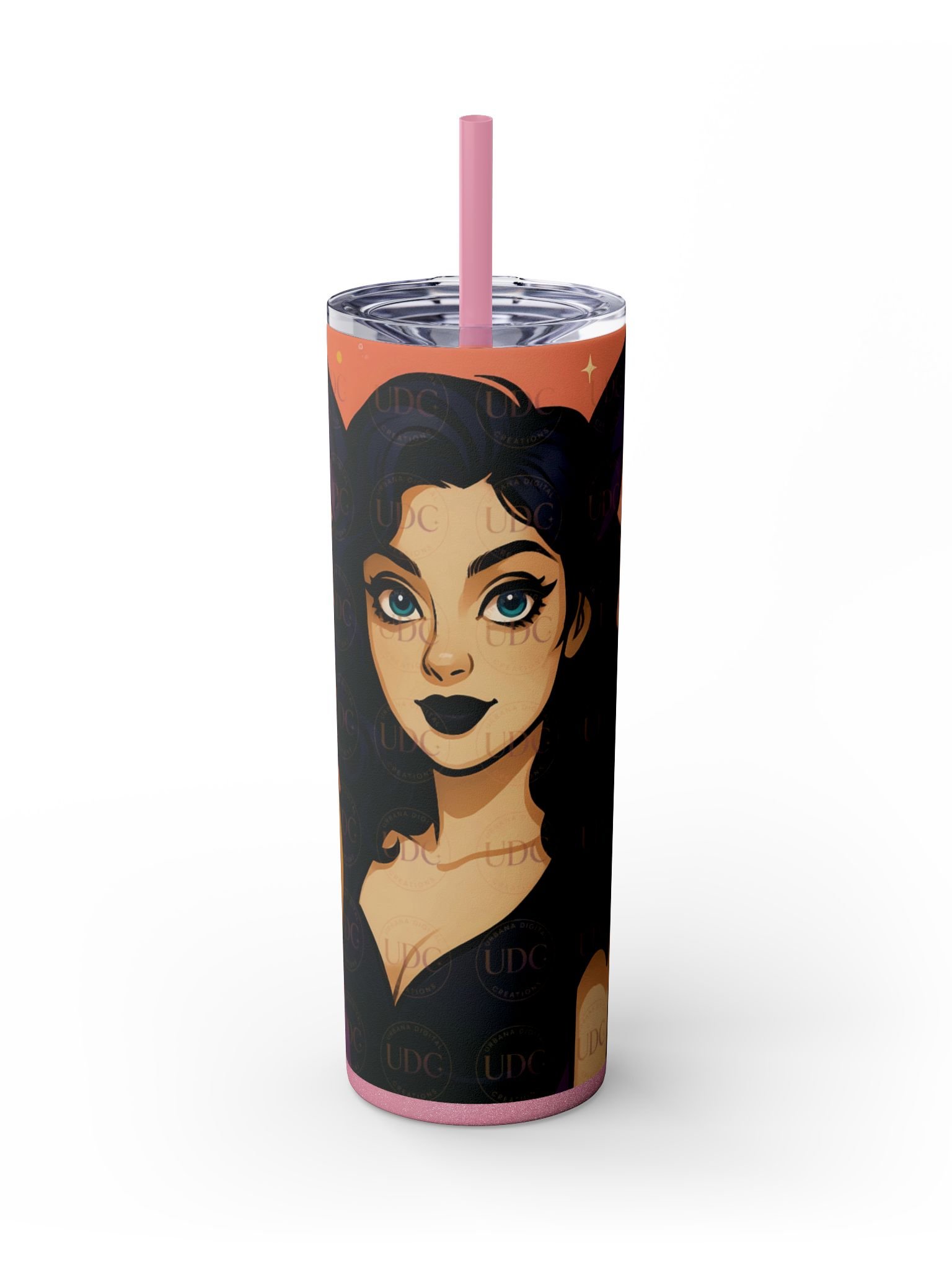 Bat-Eared Gothic Witch Halloween Tumbler Wrap PNG – Black Dress, Pumpkin, Haunted House & Sunset Bats for 20oz Skinny Tumblers product image (4)