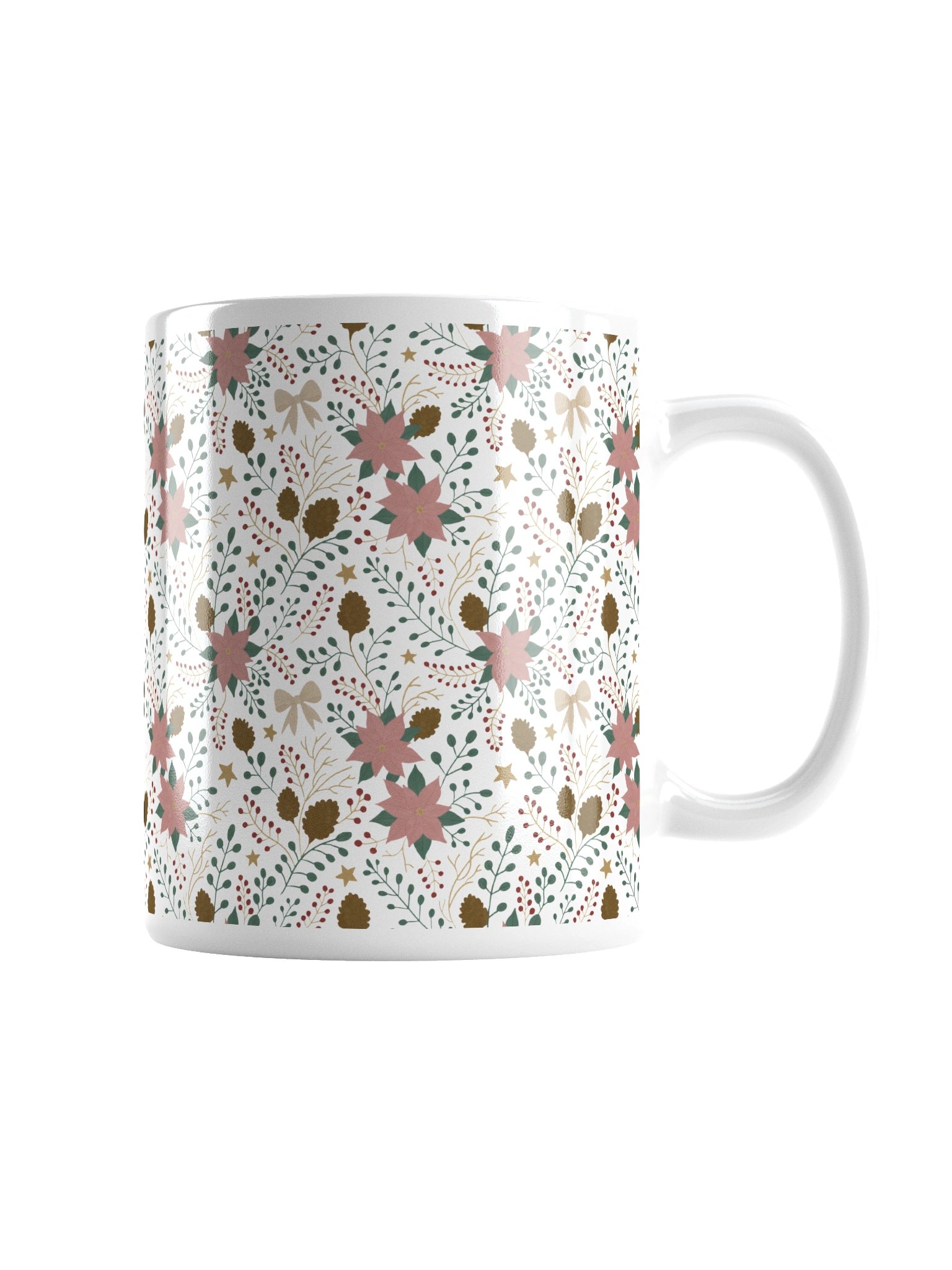 White glossy mug enchanted forest blooms. Botanical Christmas mug with poinsettias and winter details product image (5)