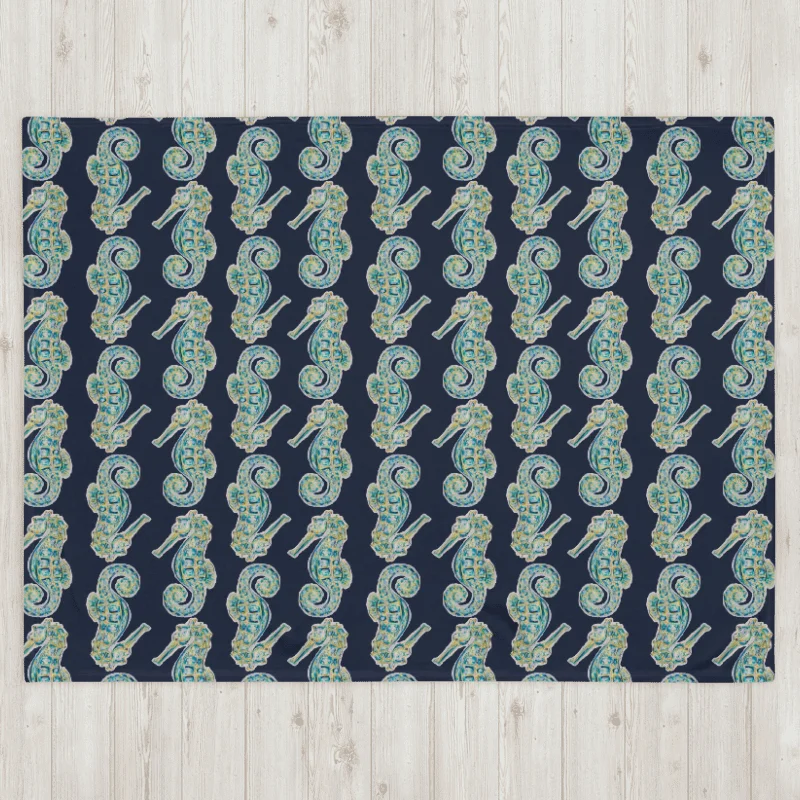 Painted Seahorses on Navy | Cozy Coastal Throw Blanket | by Monique Faella Designs™ product image (6)