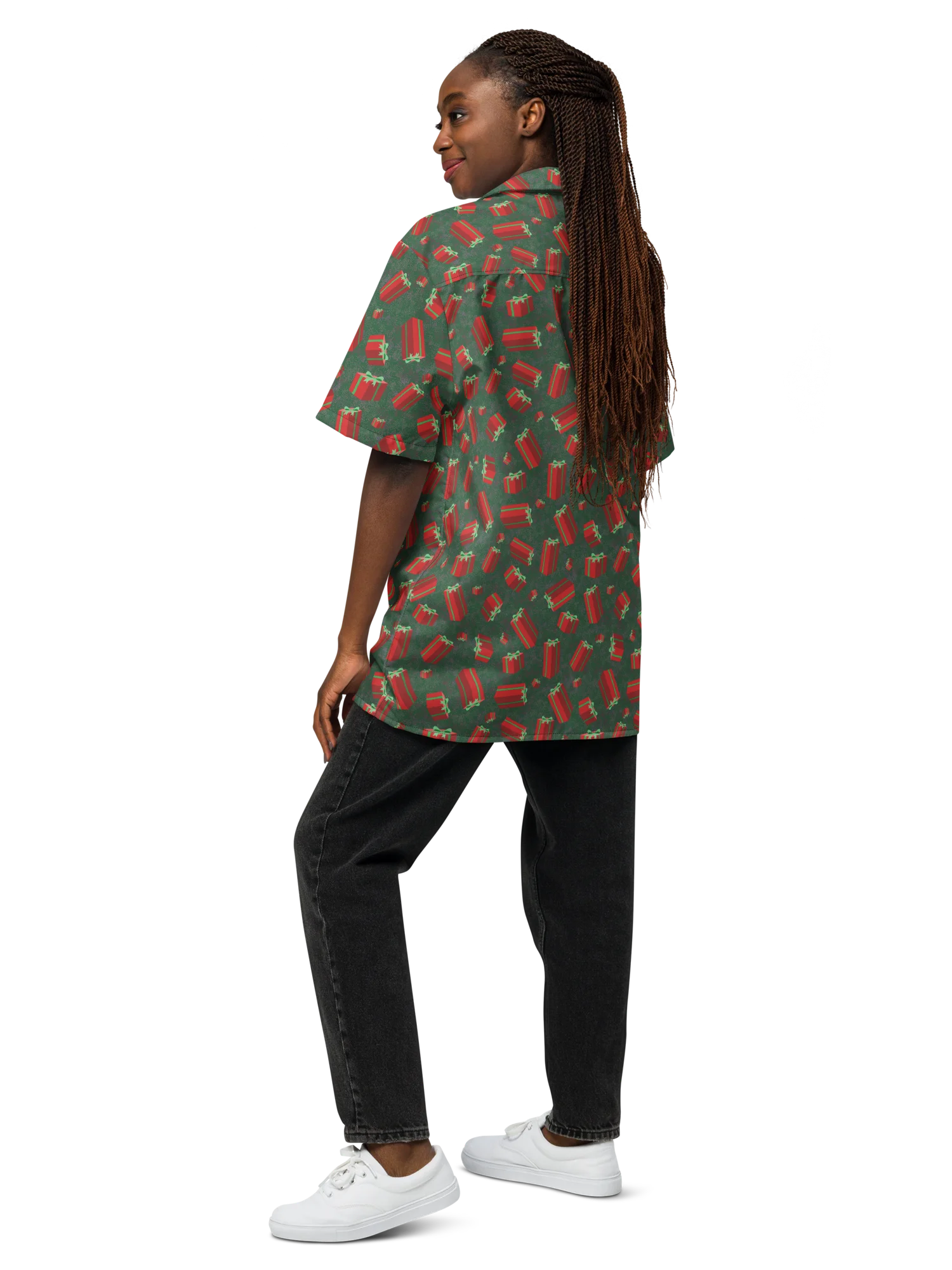 Floating Red Presents on Teal Green Oversized Button-Down Shirt product image (5)