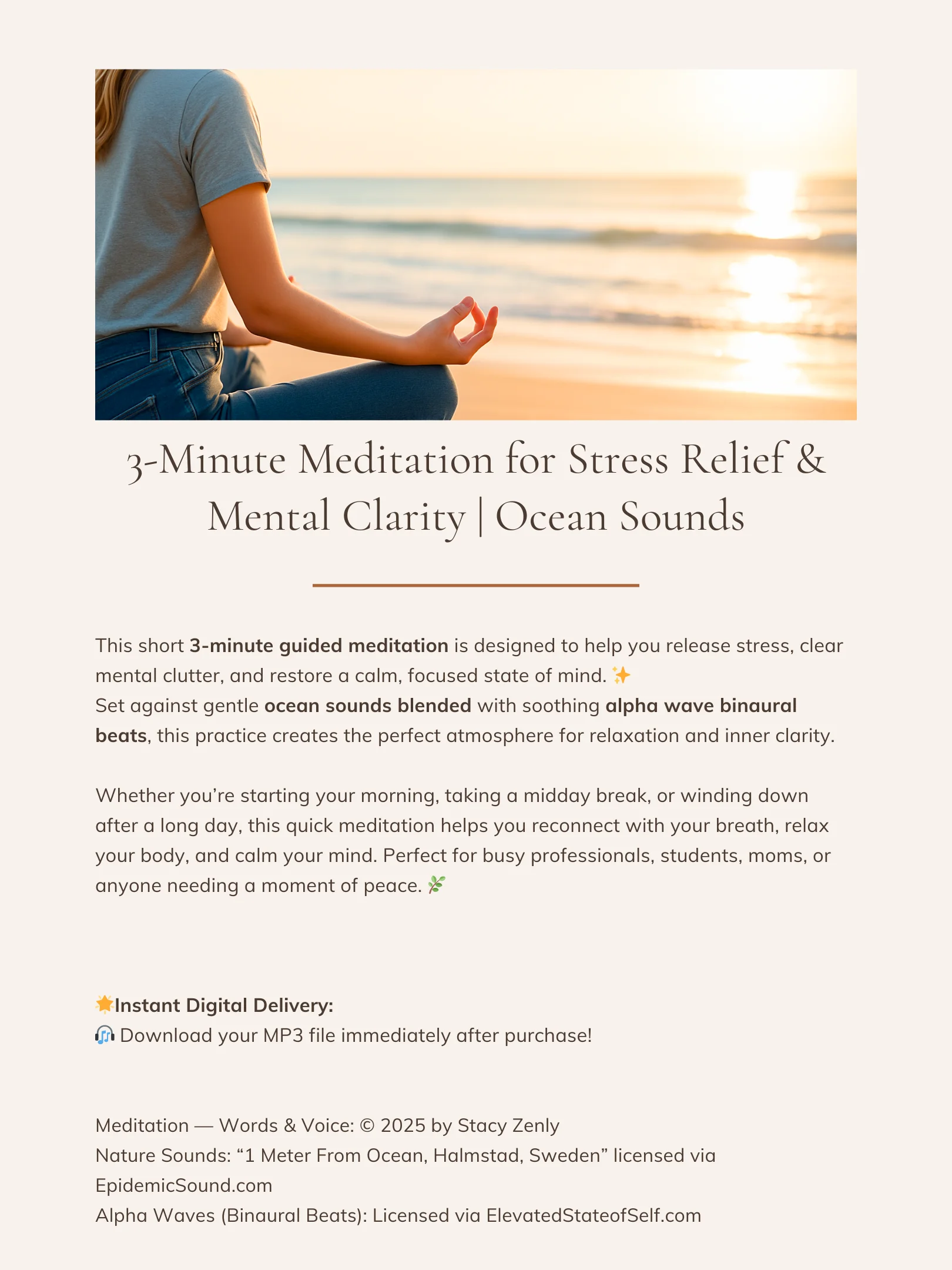 3-Minute Meditation for Stress Relief & Mental Clarity | Ocean Sounds | MP3 Audio Download product image (2)