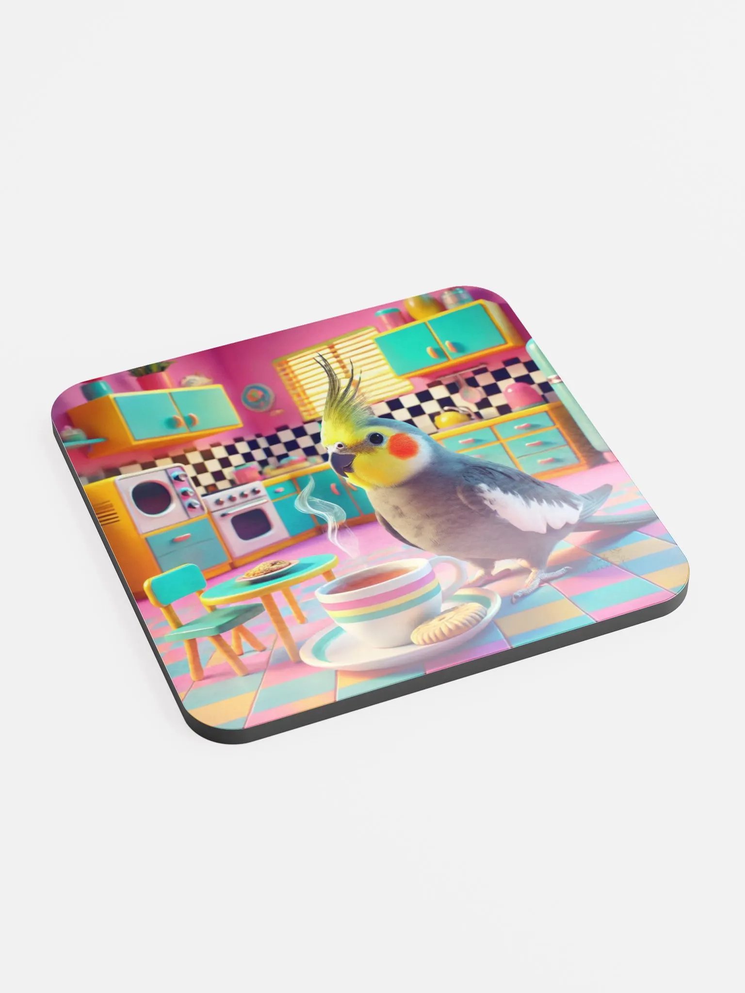 Perch & Sip – Glossed Cork Coaster with Parakeet Art 10 product image (2)