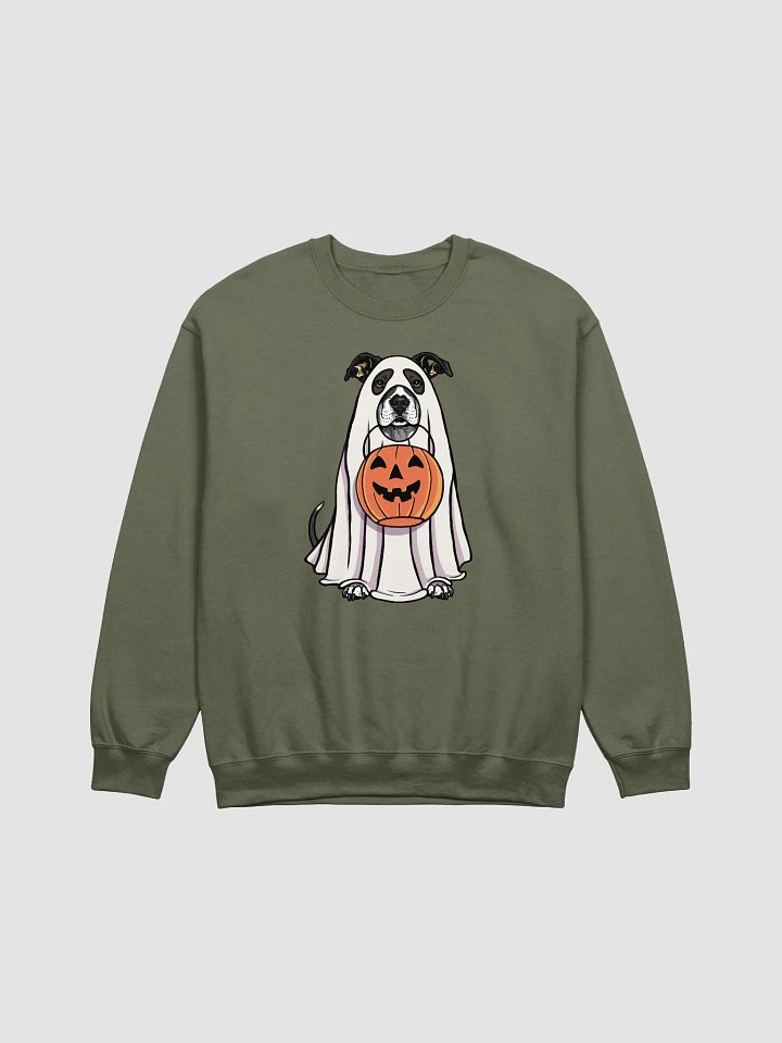 Funny Halloween Pitbull Terrier(Black) Sweatshirt | Funny Pittie Wearing a Ghost Costume and Holding a Pumpkin Basket product image (1)