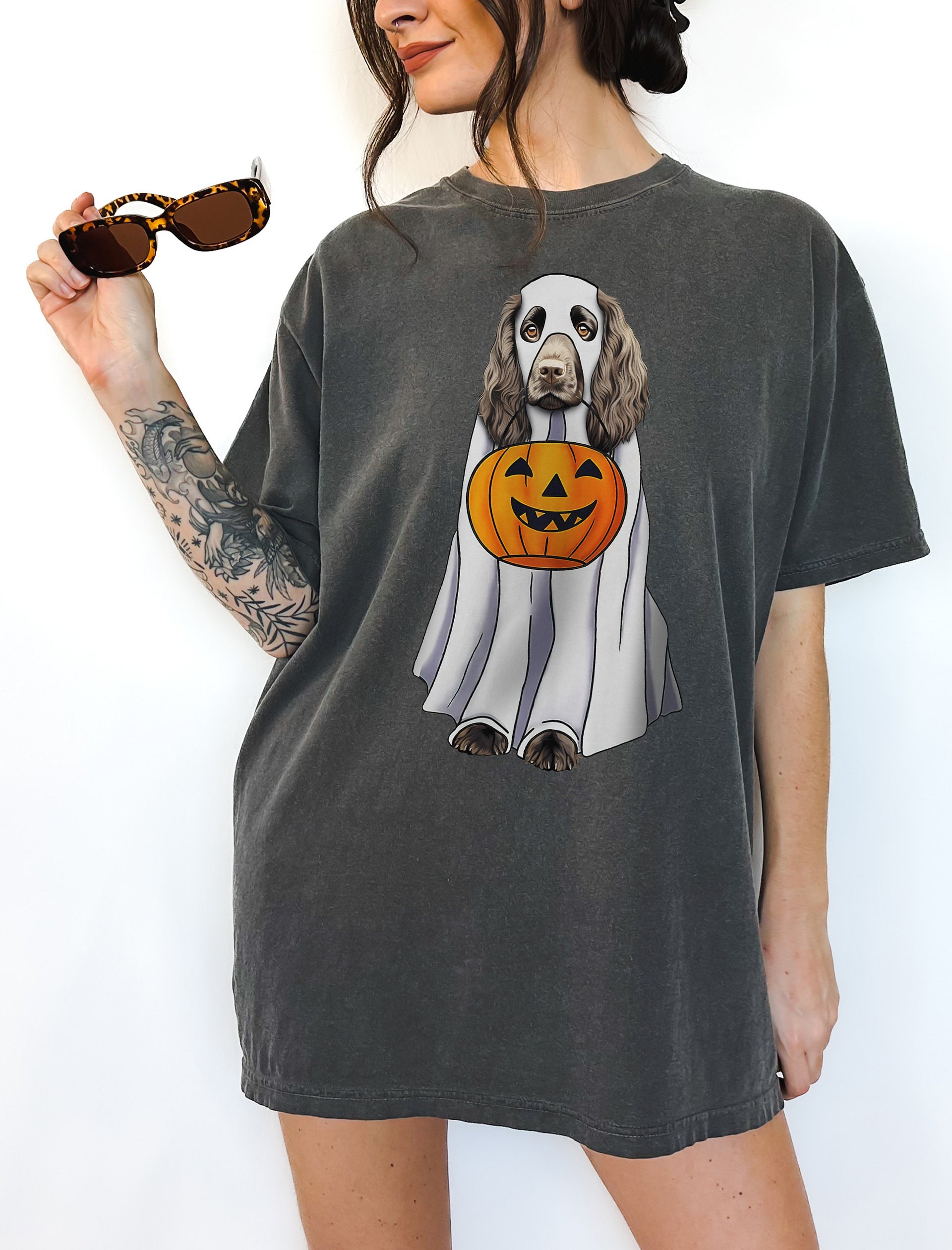 Boykin Spaniel Halloween Tee | Funny Fall Halloween Boykin Spaniel Wearing a Ghost Costume with Pumpkin Basket product image (2)