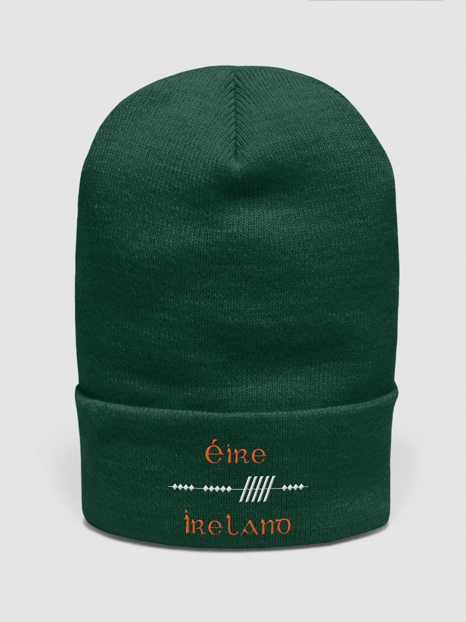 Ireland/Éire Scholastic Style Ogham, Green with White and Orange, embroidered Cuffed Beanie product image (1)