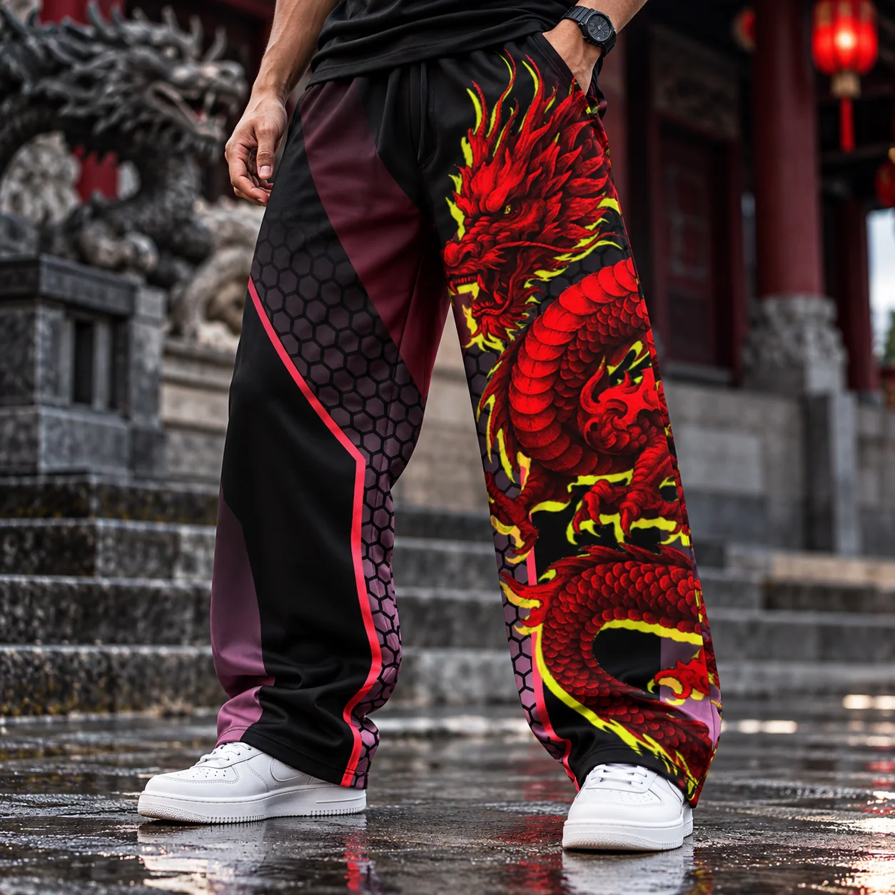Japanese Crimson Dragon Joggers – Neon Flame + Hex Pattern product image (1)