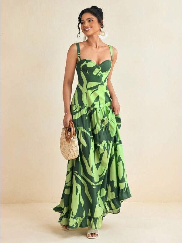 ADLEST Vacation Protea Green Tropical Printed Woven Sweetheart Layered Maxi Dress product image (1)