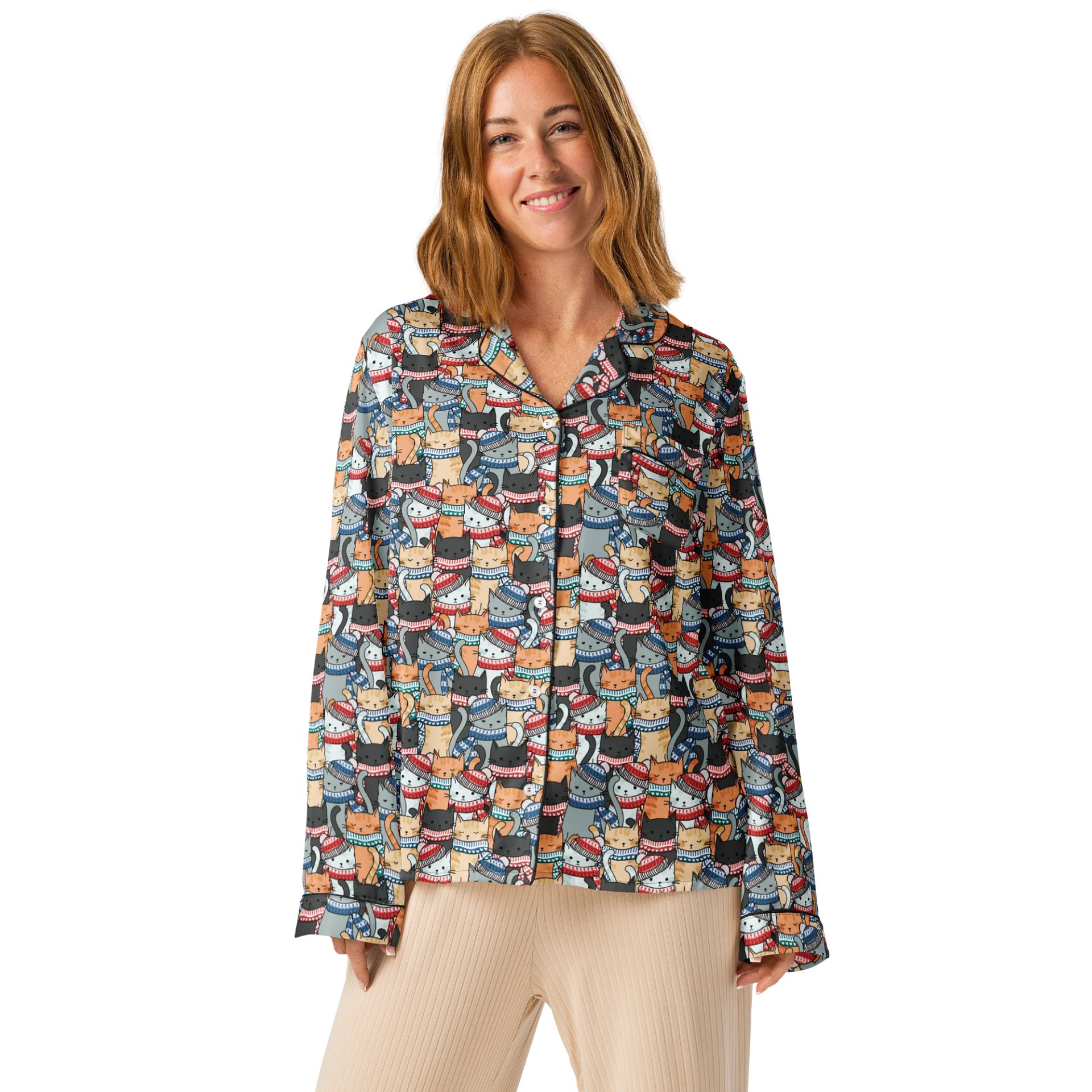 Cats in Winter Hats & Scarves Pattern Pyjama Shirt product image (2)