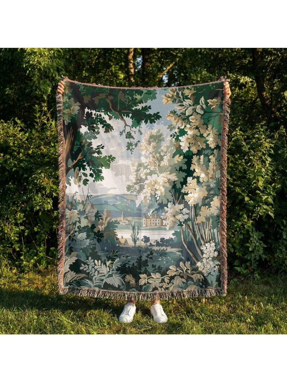 French Countryside Château Woven Blanket — Lakeside Village Landscape Tapestry Throw product image (3)