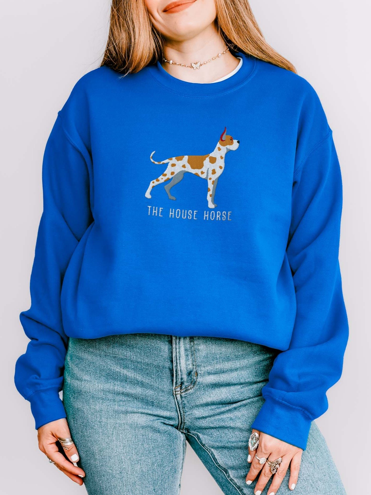 The House Horse Sweatshirt (Embroidered) of a Great Dane(Tan Harlequin, Cropped Ears) product image (2)