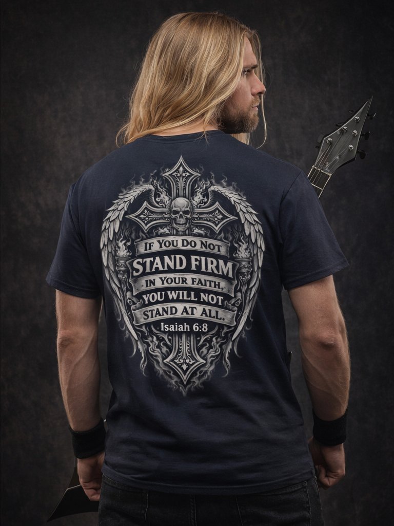 Stand Firm in Your Faith Christian Rock T-Shirt – Isaiah 7:9 Scripture Graphic Tee for Men – Faith Warrior Heavy Metal Christian Shirt product image (7)