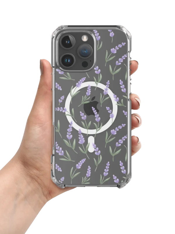MagSafe clear case for iPhone with lavender pattern. Artistic floral protective cover product image (1)