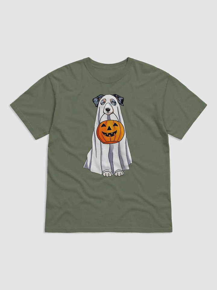 Australian Shepherd Halloween Tee | Funny Halloween Aussie Wearing a Ghost Costume & Pumpkin Basket product image (1)