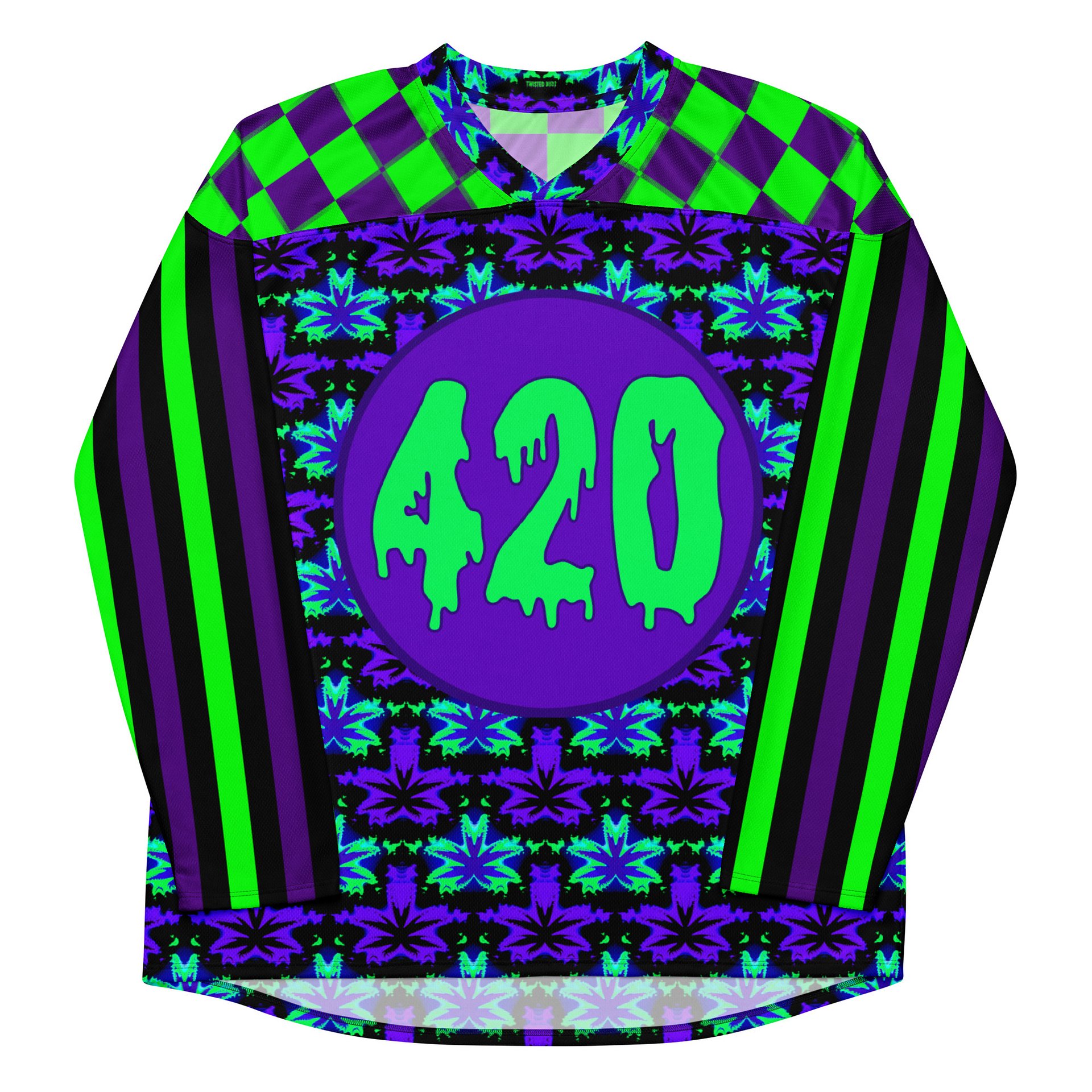 420 Festival Hockey Jersey, Stoner Rave Circus Stripes Shirt, Twisted Clown Cannabis Clothes, Neon 90s Trippy Checker Top, Odd Weed EDM Wear product image (1)