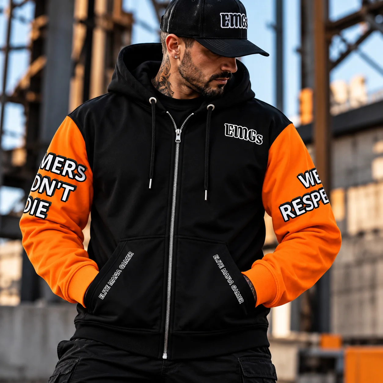 Elite Mafia Gamer Zip Hoodie – Black & Orange Statement Sleeves product image (1)