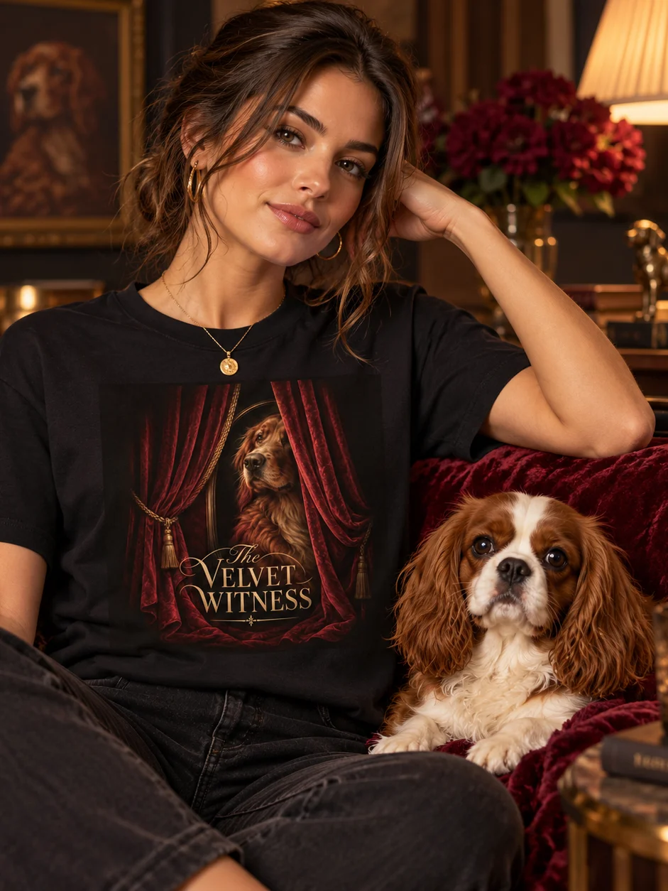 Vintage Dog Portrait Graphic T-Shirt – Burgundy Velvet Curtain Art | The Velvet Witness product image (1)