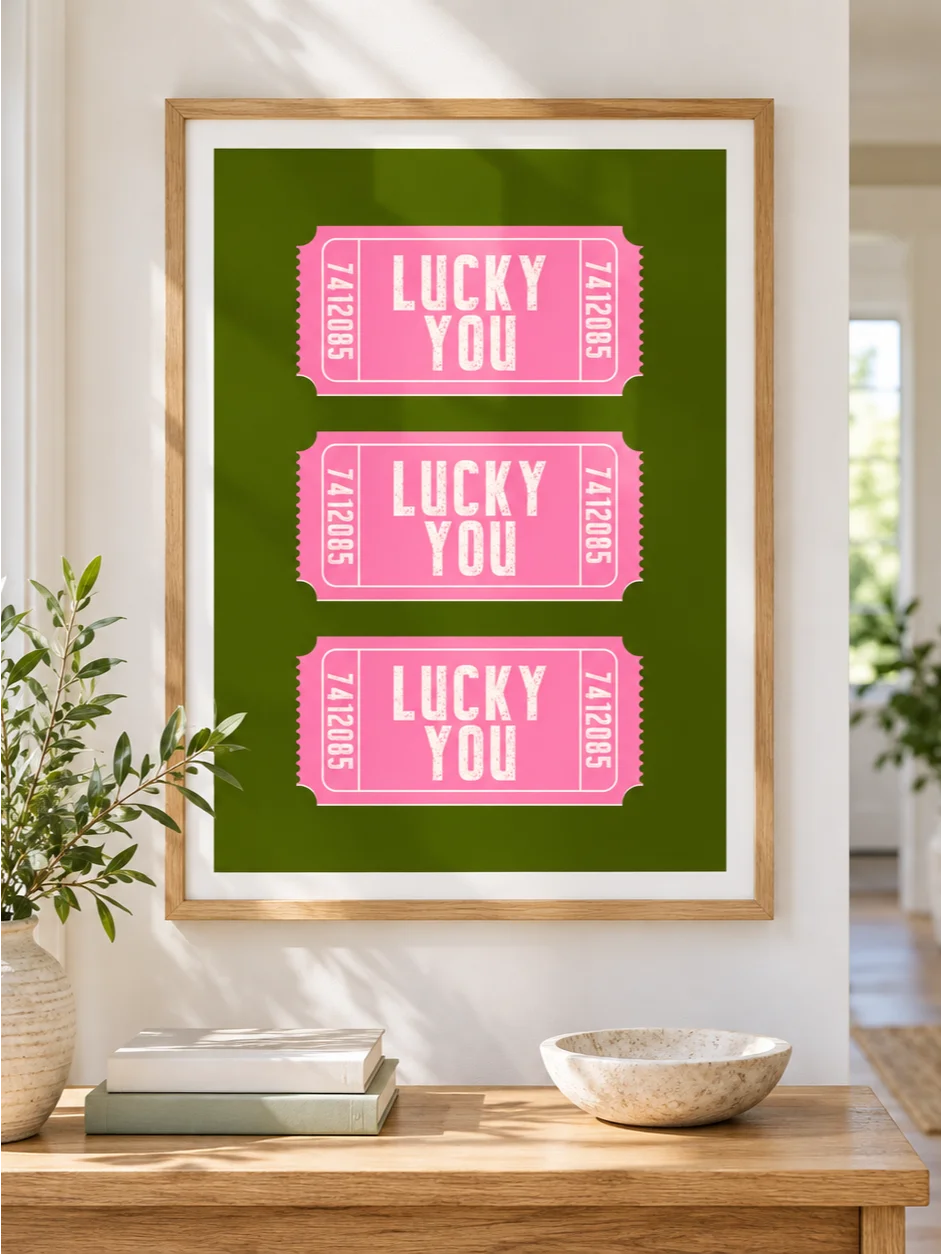 Lucky You Poster, Pink Green Ticket Wall Art, Retro Typography Print, Funky Dopamine Decor, Bright Printable Bedroom Art, Gallery Wall Print product image (4)